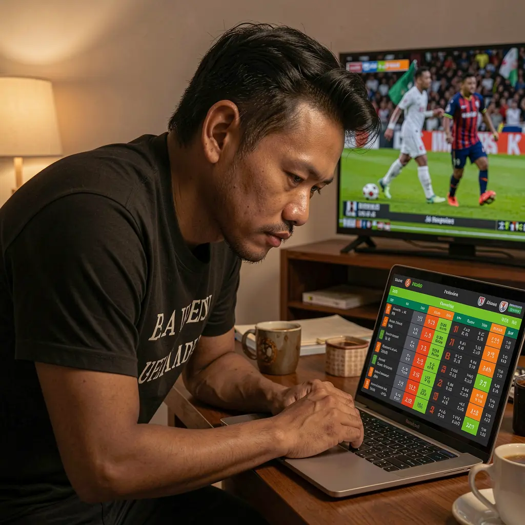 Permainan rolet dalam talian yang bergaya pada komputer riba dikelilingi cip kasino bertimbun dan syiling bercahaya yang menggambarkan aksi kasino digital premium di FU88 Malaysia FU88 Pertaruhan – Nikmati aksi pertaruhan bola sepak masa nyata untuk pemain Malaysia