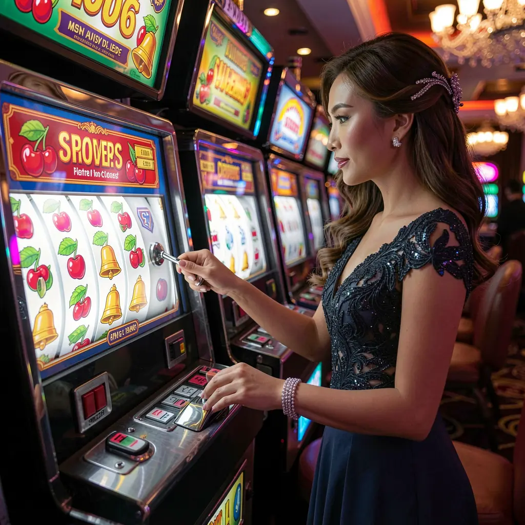 FU88 – Experience high quality slot games designed for Malaysian players Elegant Malaysian player enjoying premium slot machine gameplay in a luxury casino atmosphere at FU88 with glowing reels and immersive visuals